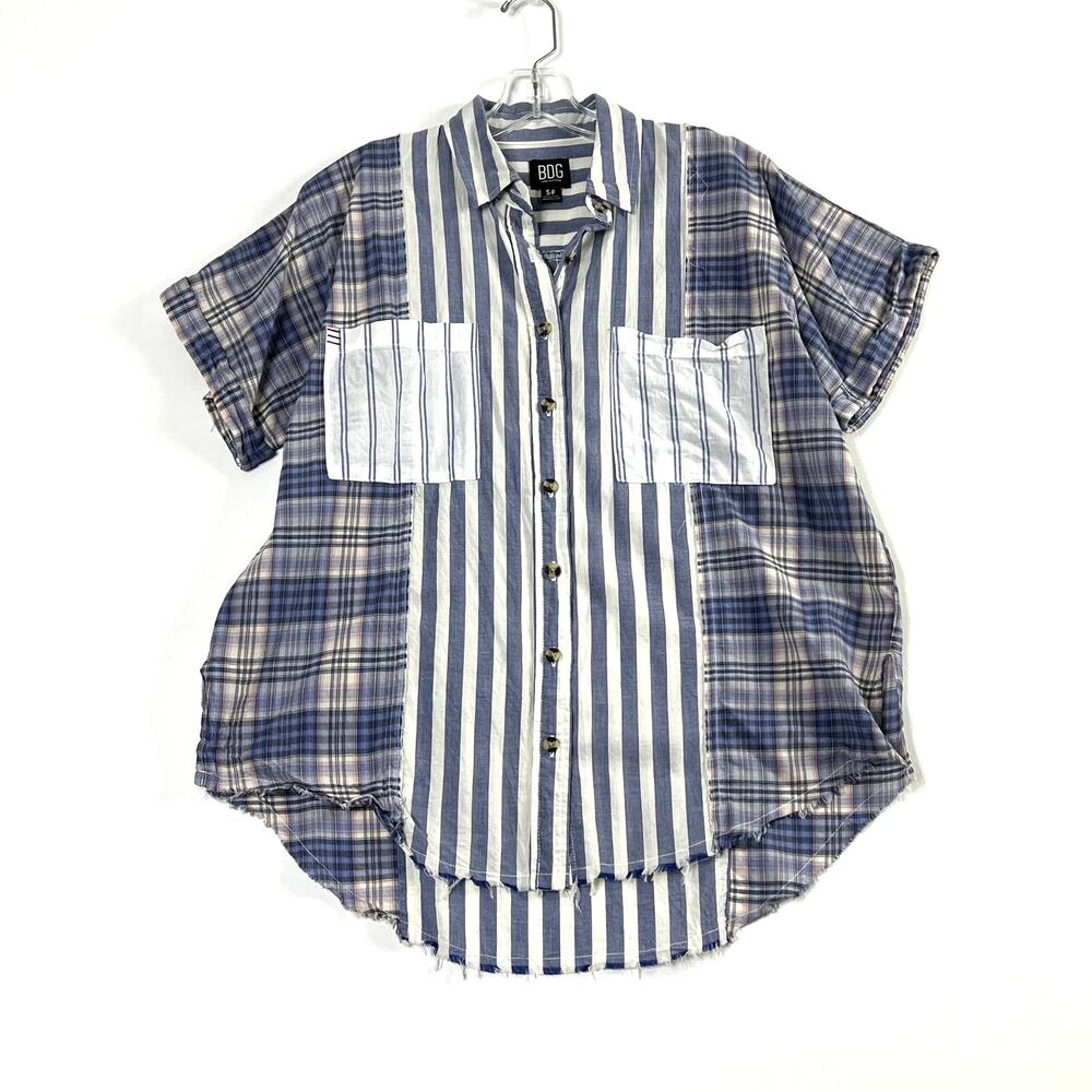 BDG Stevie Spliced Button Down Shirt Short Sleeve Relaxed Blue Womens Small